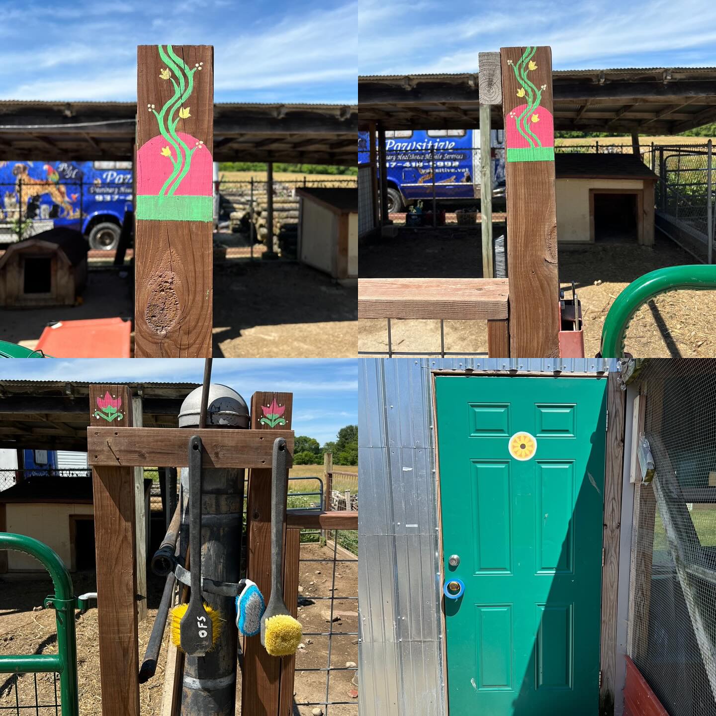 A compilation of a few painted floral fence and door accents done at the same site as the robin mural a couple of years later.