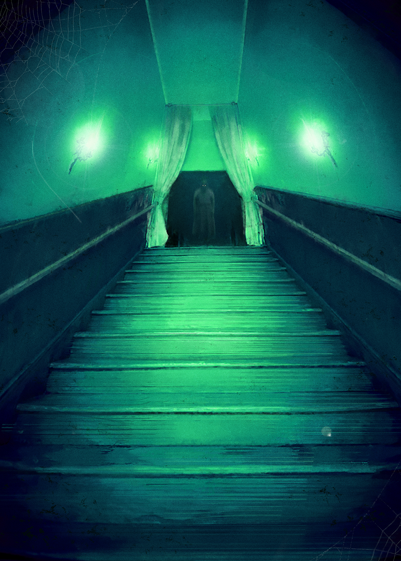 Title: Enter. Through a green-tinted haze, a ghostly figure of a hunched woman floats at the top of a staircase, framed by curtains.