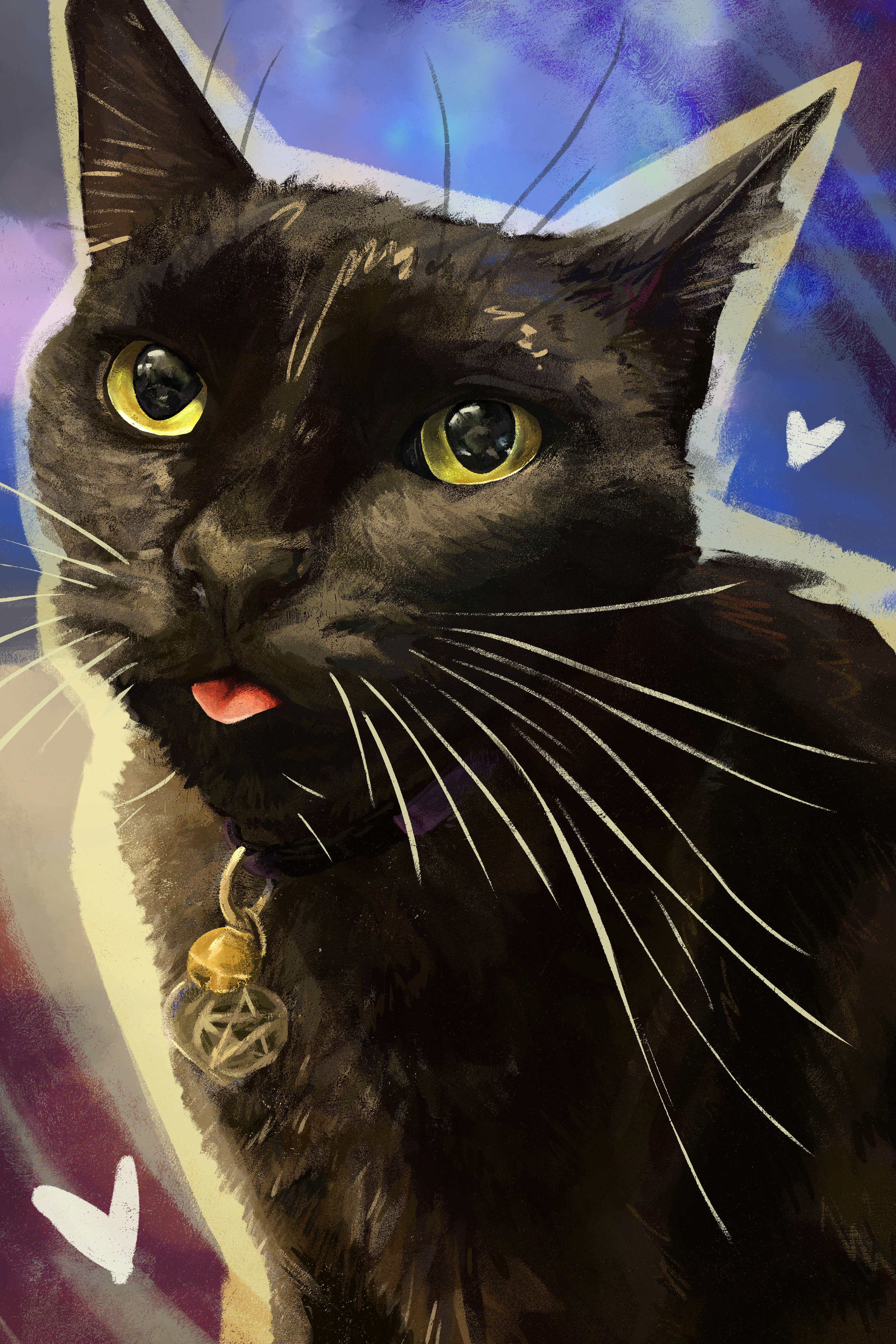 A digital painting of my black cat sticking her tongue out as she looks up at me. She is in front of a blue and purple graphic, gestural background with two little white hearts.