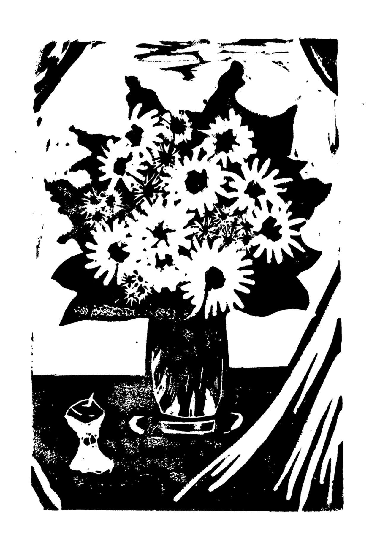 Title: Belated, 4x6 Linocut Print. Description: A vase of daisies sits on a table, surrounded by drapery. An apple core sits next to the vase.