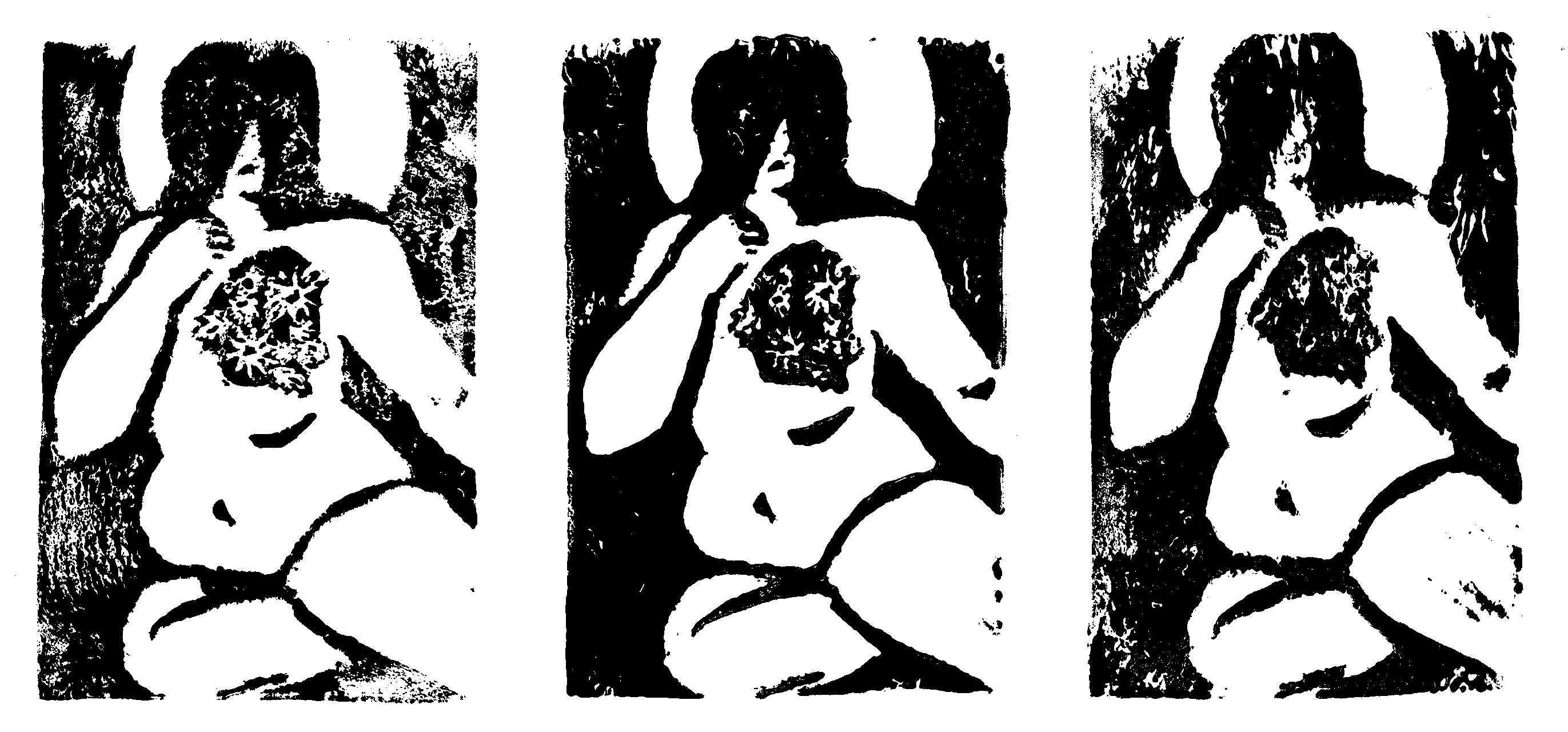 Title: Description: Into the Garden, Series of 3 4x6 Linocut Prints. Description: A nude curvy figure sits with a hand clutched to their chest. Long hair covers their eyes and the moon creates a halo around their head. A hole is where the left breast should be and flower. Each print progressively looks more melted.