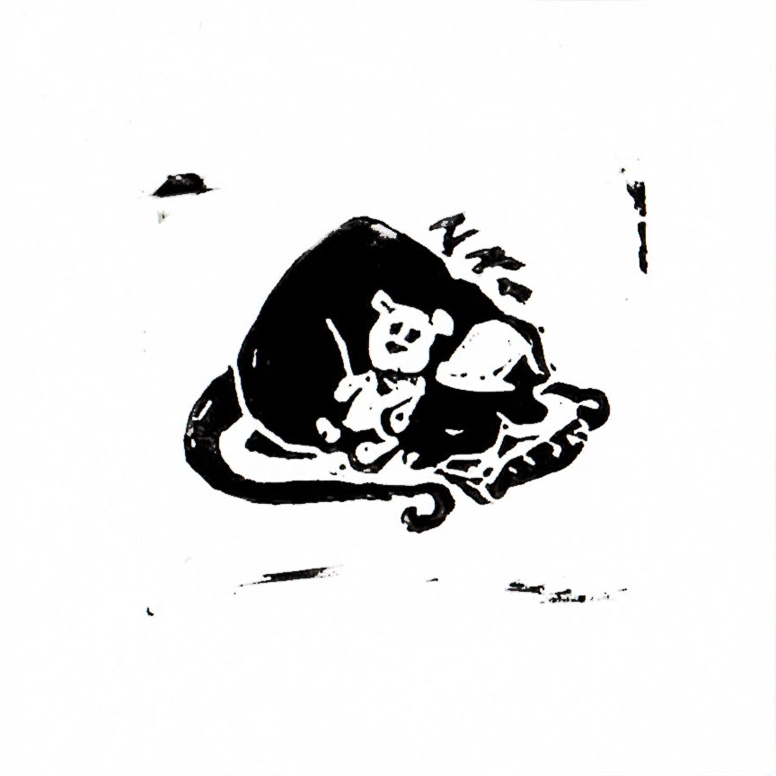 Title: Rat Pack: Innocent, 2 inch Linocut Print. Description: A sleeping rat in a nightcap rests its head on a pillow, cuddling a small teddy bear
