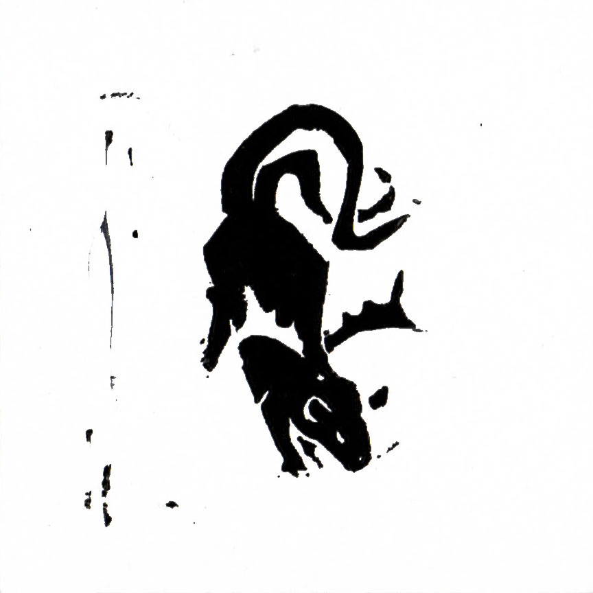 Title: Rat Pack: Raised by Bats, 2 inch Linocut Print. Description: A two-tailed rat with small bat wings swoops downward