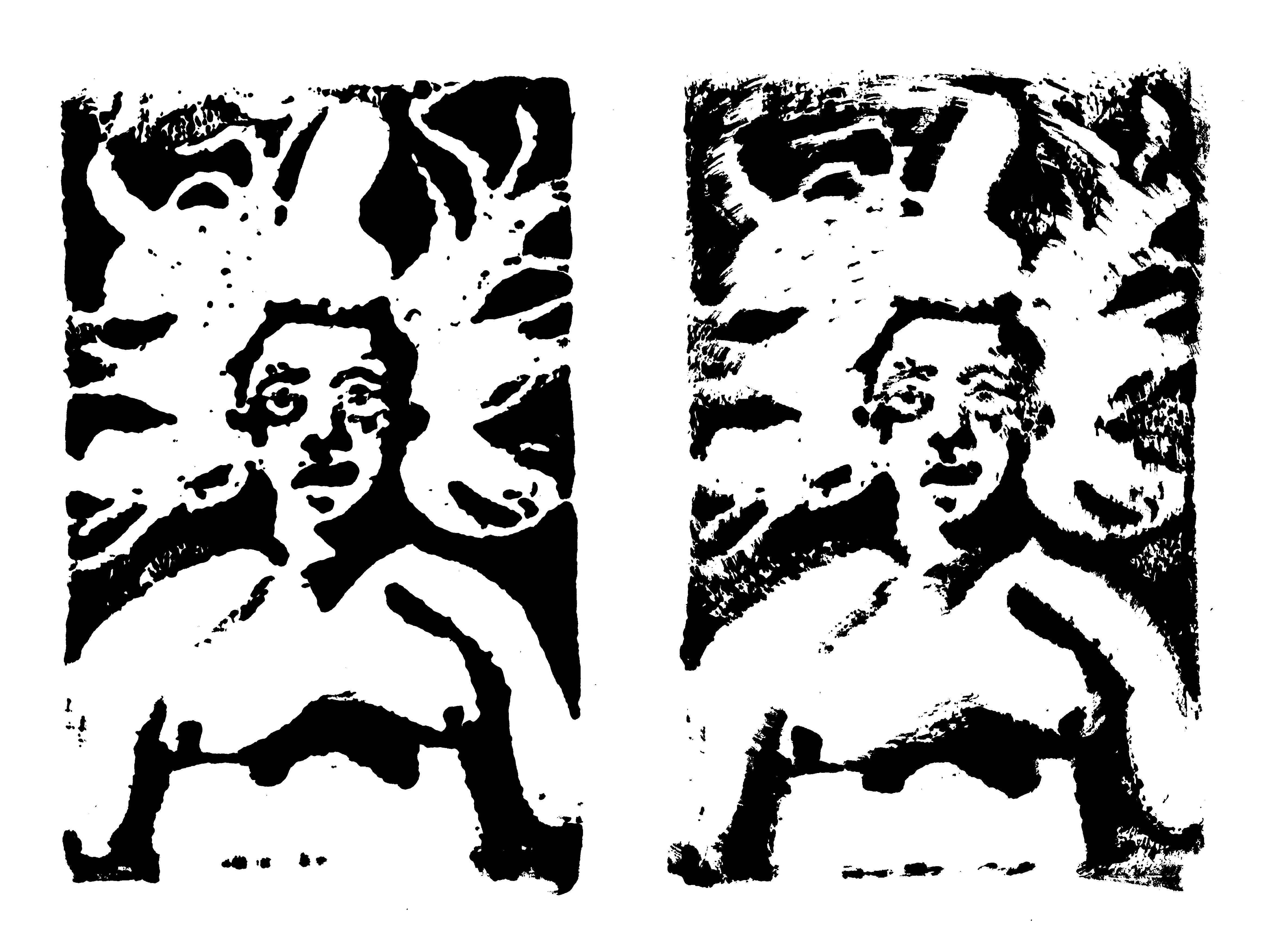 Title: Return to the Lake, Series of 2 4x6 Linocut Prints. Description: A person lays back in water, looking up as their hair floats around them. A second version of the print is shown, slightly smeared in a disorienting circular motion.