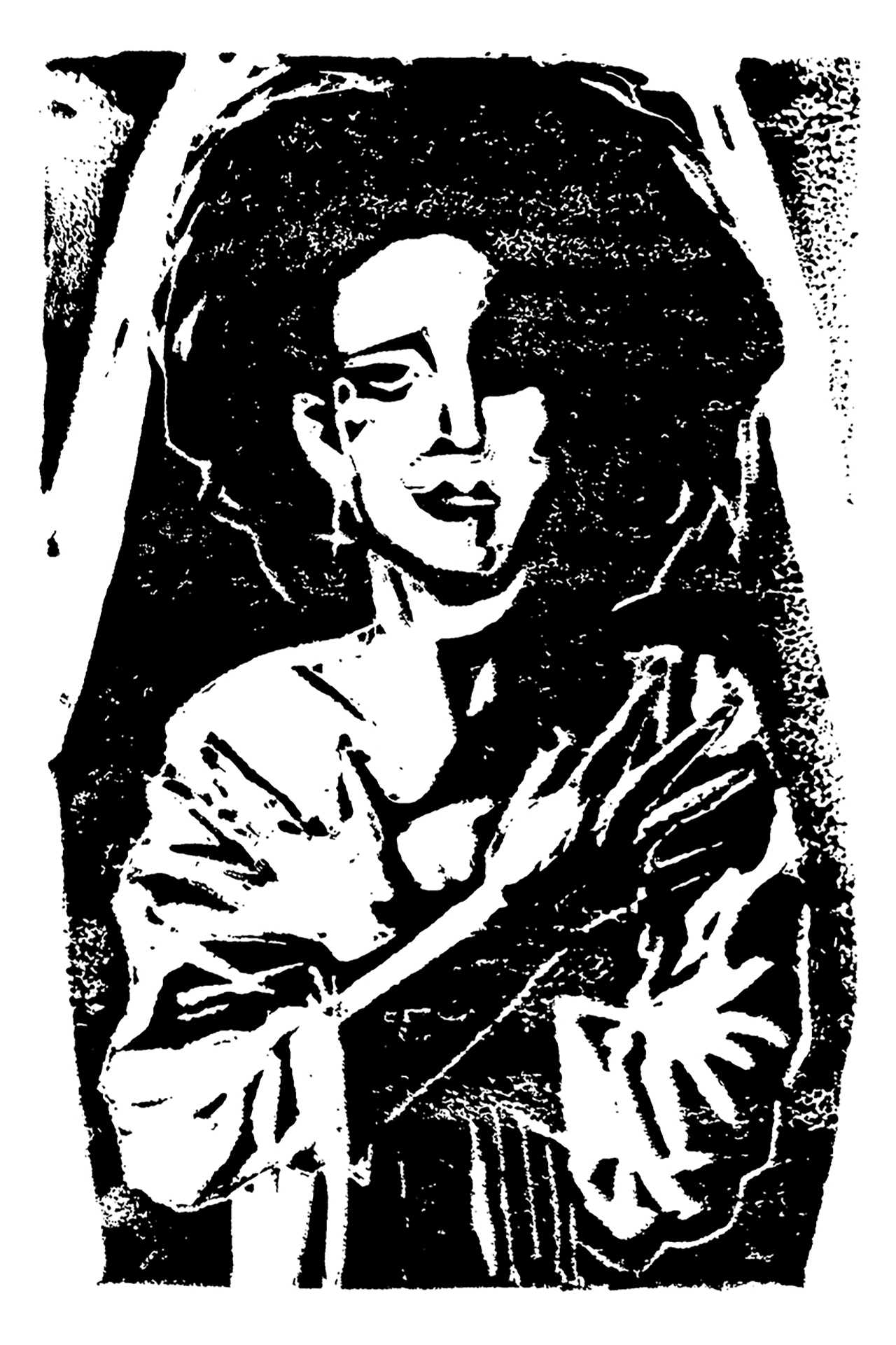 Title: Revival, 4x6 Linocut Print. Description: A figure with big "bat cave goth" style hair reclines in a coffin with their hands crossed over their chest. They are dressed in a gown that is falling off one shoulder. They look up, smiling, as something leaks from the corner of their mouth