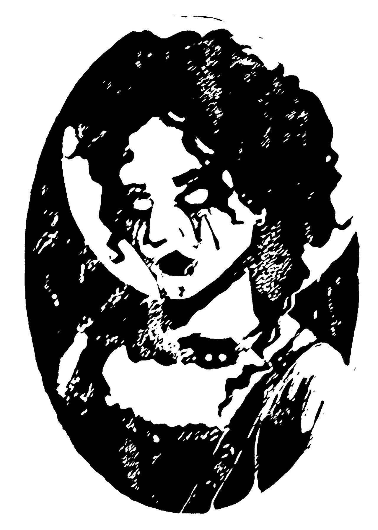 Title: Spoiled. 4 by 6 linocut print. Description: A portrait of a person in an antique European corseted dress and pearls. Their curly updo is falling in messy strands. They look at the viewer with blank white eyes as a substance runs from around their eyes and onto their cheeks.
