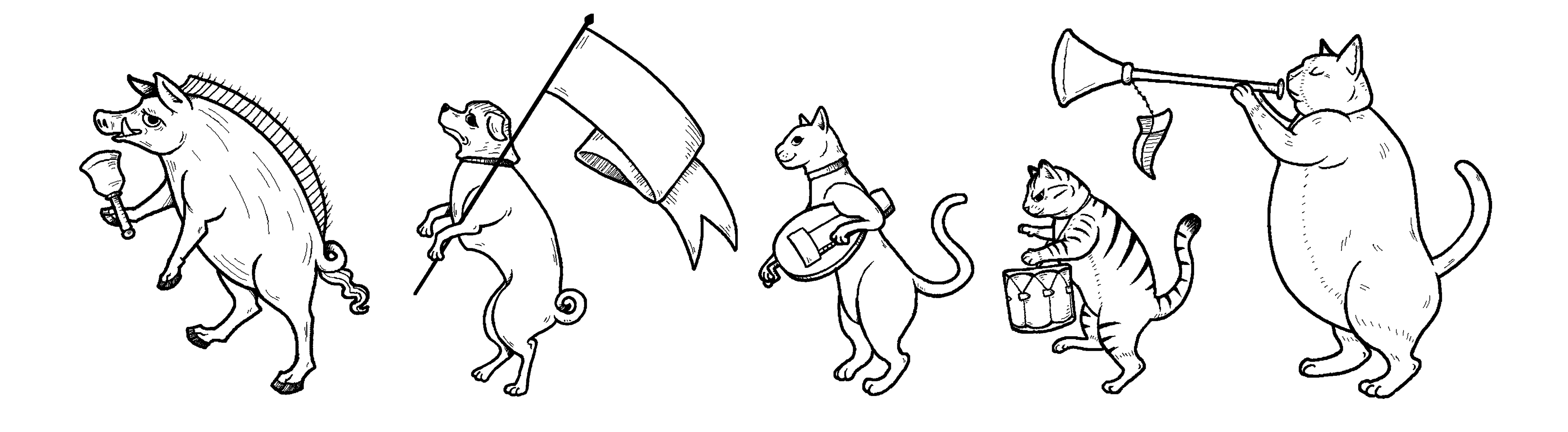 A parade of animals- a hog ringing a bell, a dog carrying a flag, a slender cat with a hurdy gurdy, a short straiped cat with a drum, and big fat calico cat blowing a horn- in a medieval style.